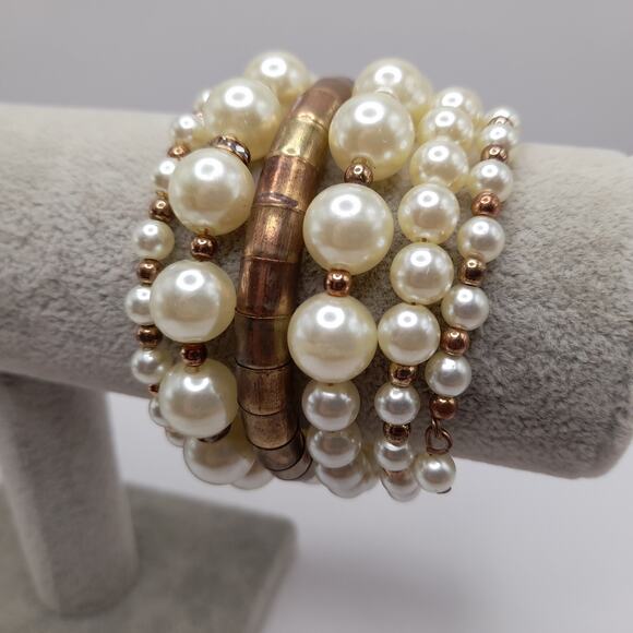 Vintage Memory Wire Faux Pearl Wide Brass Bead Bracelet, 44 Inches - Picture 8 of 10